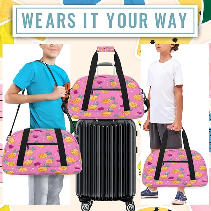 Duffle Bag for Women Men, Pink Pineapple Heart Gym Bag for Travel Sports, Lightweight Waterproof Weekender Overnight Bags with Adjustable Strap