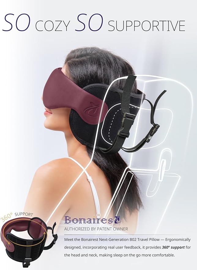 Travel Pillow, Airplane Neck Pillow with 3D Eye Mask for Sleeping, Round Edge Plane Head Strap 360°Headrest Support for Long Flight, Stop Bobblehead, Travel Essential for Car Road Trip Red
