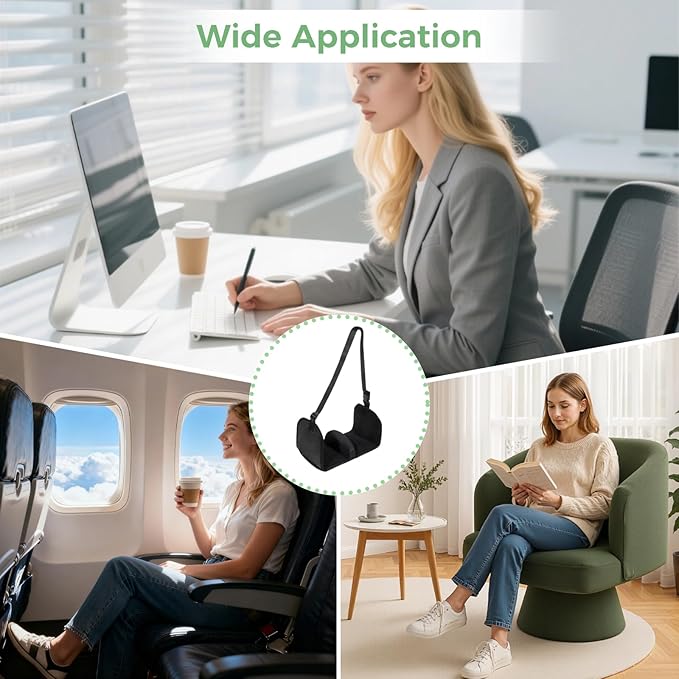 Airplane Foot Hammock with Memory Foam, Portable Plane Leg Rest, Adjustable Height up to 31 in, Travel Foot Rest for Airplane Flights, Black Oxford Fabric
