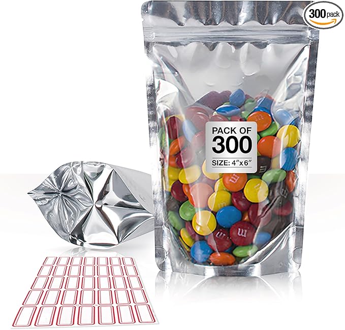 BELLE KR® 4x6 Mylar Bags for Food Storage with 7.5mil Thick - Pack Of 300 - Stand Up Clear Mylar Bags with See Through Window - Small 1/2 Pint Pouches for Freeze Dried Candy - Labels Included