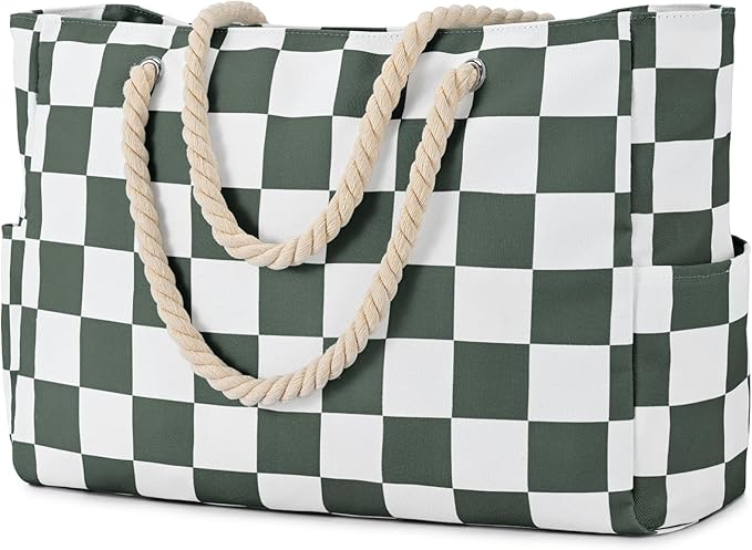Becokan Beach Bags for Women Checkered Large Beach Tote Bag Zipper Beach Bags Waterproof Sandproof Canvas Swim Pool Bag