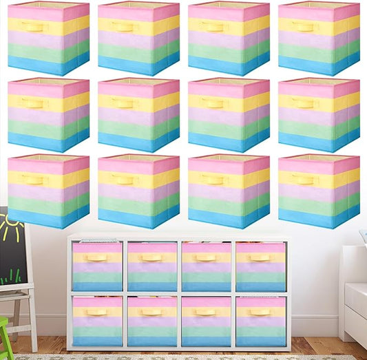 Yinder 12 Pcs Cube Storage Bin Rainbow Colorful 11'' Storage Bins for Playroom Decor Colorful Bins for Kids Foldable Baskets for Nursery Organizer Boxes Fabric Boxes