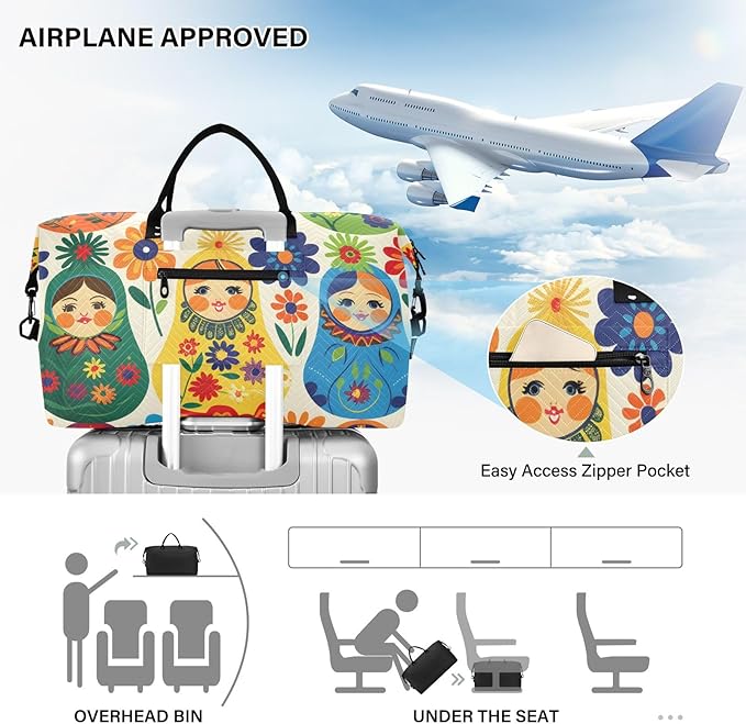 Travel Duffle Bag, Matryoshka Russian Traditional Wooden Doll Gym Bag with Storage Bag Weekender Overnight Bag for Men Women Trip Sports Yoga