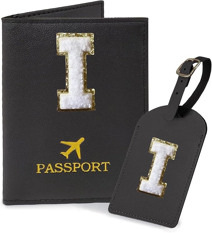 COSHAYSOO Black Passport Cover and Luggage Tag Set TSA Approved with Her Initial Chenille Letter Patch, Trendy Travel Bag Backpack Suitcase Identifier Gifts for Daughter Mother Sister in Law (I)
