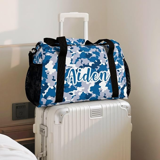 Blue Grey Camouflage Camo Pattern Shoe Bag Waterproof Travel Bag Duffel Bag Adjustable Shoulder Strap Perform Training for Women Men Casual Bag