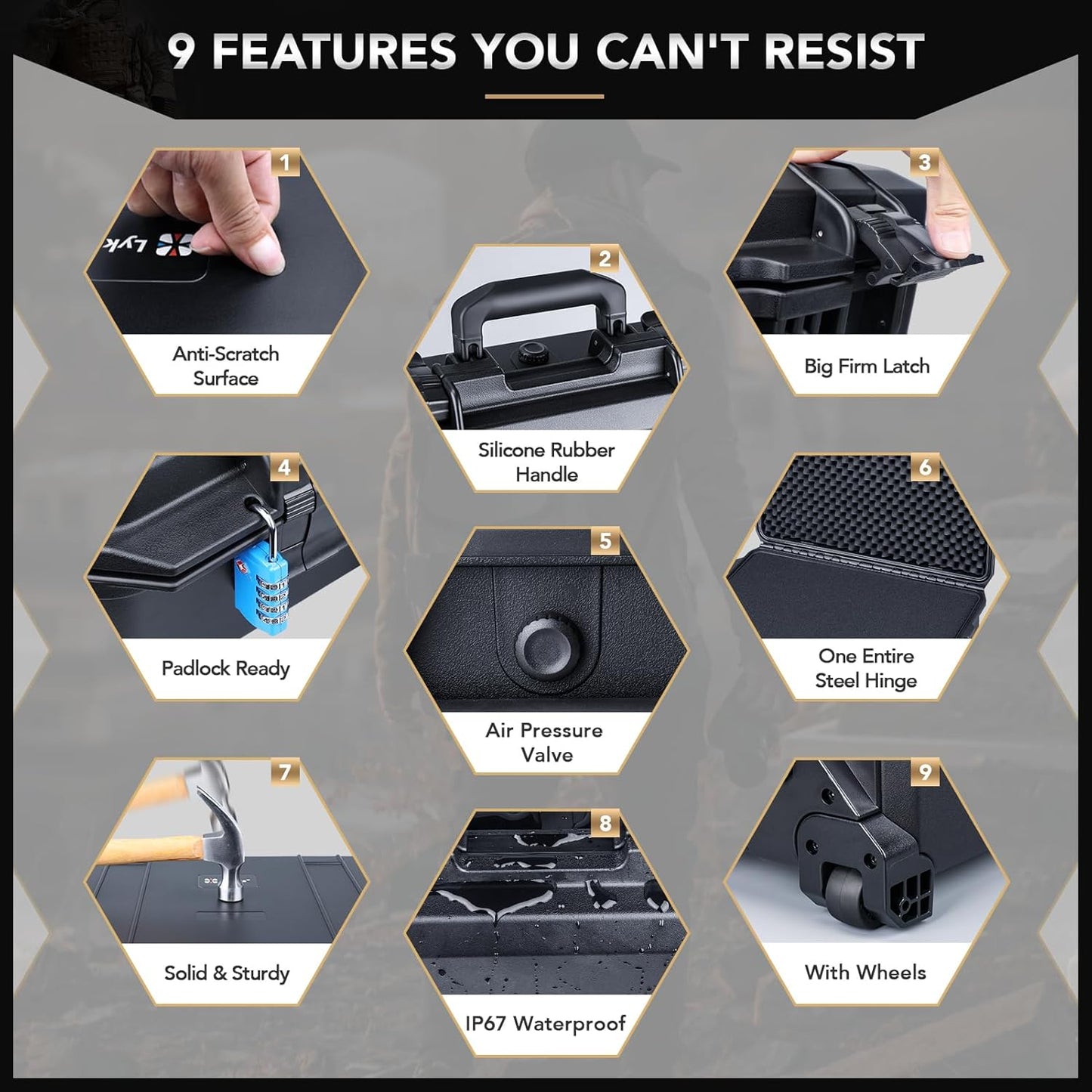 Lykus HC-5220 Waterproof Hard Case with Wheels and Customizable Foam, Interior Size 20.5x14.2x9.7 inch, Suitable for camera, lens, drone, mic, flashlight, projector, electronics, tools, and more