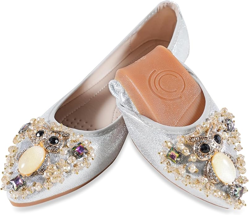Women Ballet Flats Sparkly Rhinestone Wedding Ballerina Shoes Pointed Toe Foldable Comfort Slip on Flat Dress Shoes