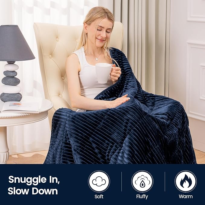 Sherpa Fleece Adult Weighted Blanket 20lbs with Ribbed Stripes, Dual Sided Fuzzy Warm Blanket for Couch Bed Sofa, Heavy Thick Blankets with Glass Beads Great for Sleep, Navy Blue, 60" x 80"