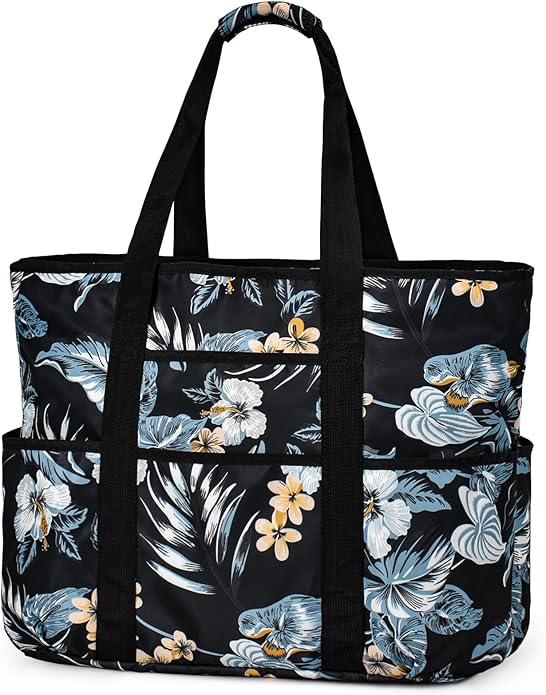 Becokan Beach Bags for Women Large Beach Tote Bag with Zipper Pockets Beach Bag Waterproof Sandproof Travel Nurse Tote Bag