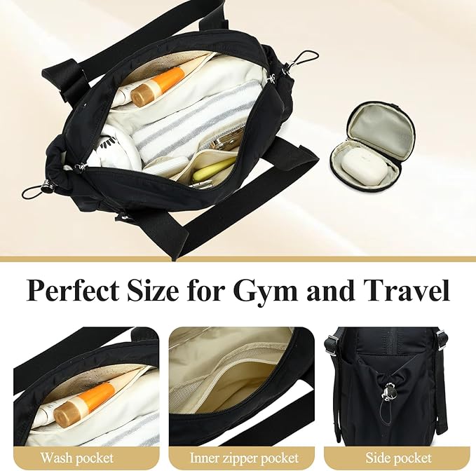 CAMTOP Mini Gym Bag for Women, Small Gym Tote Bag Puffy Quilted Sports Duffel Bag with Wet Compartment and Coin Purse Duffel Bags Dance Yoga Workout Bag for Gifts (All Black, Mini-12.6")