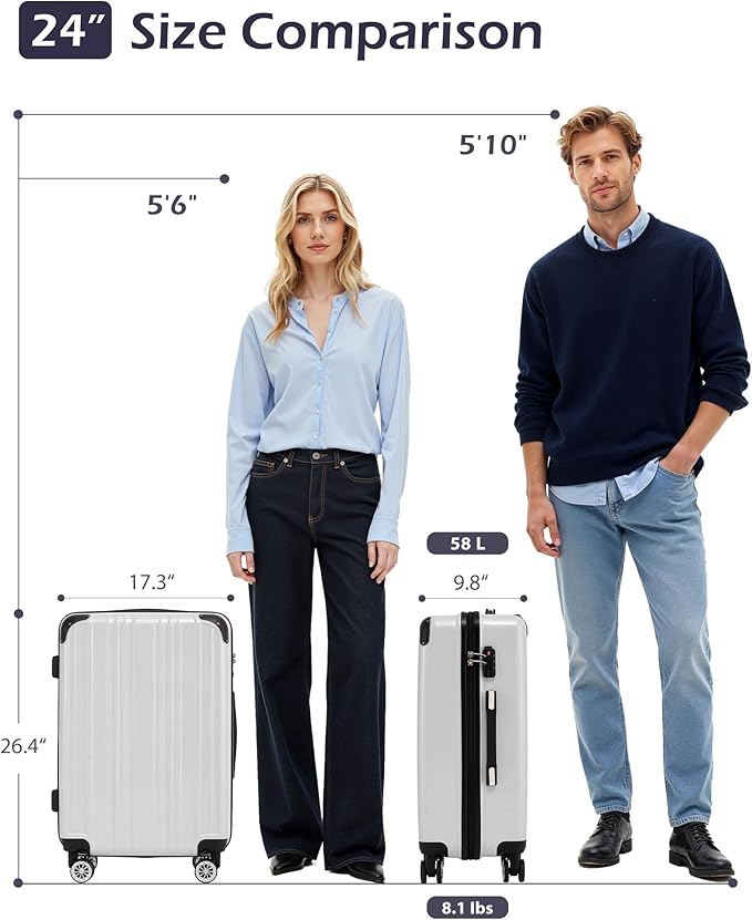 Coolife Luggage, Suitcase with Durable and Lightweight, Checked Luggage with PC+ABS Hardshell, Dual Spinner Wheels, TSA Lock, and YKK Zipper (navy new, M(24in))