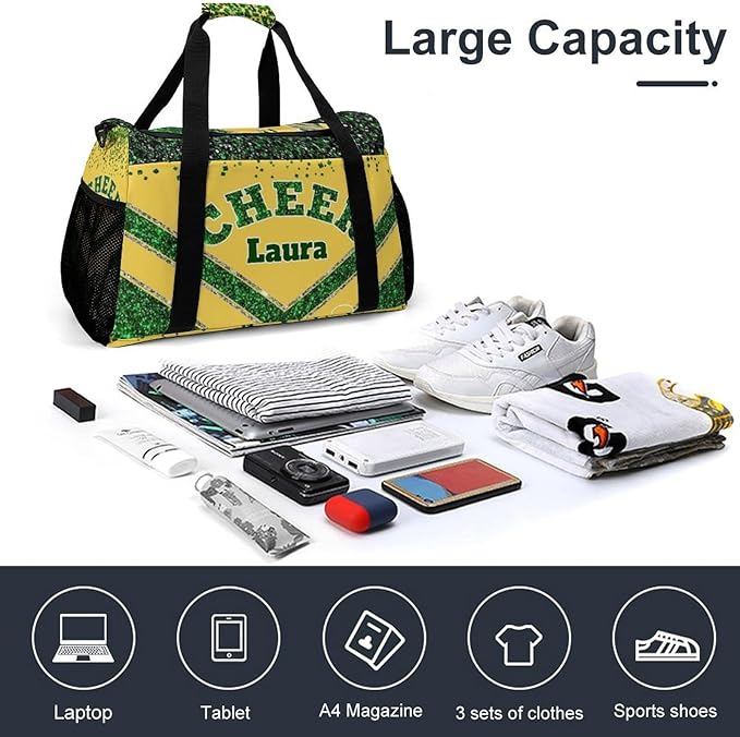 Personalized Cheer Bag Gifts for Girls Sport Cheerleading Gym Travel Duffel Bag Overnight Weekender Bags with Name (Yellow Green)