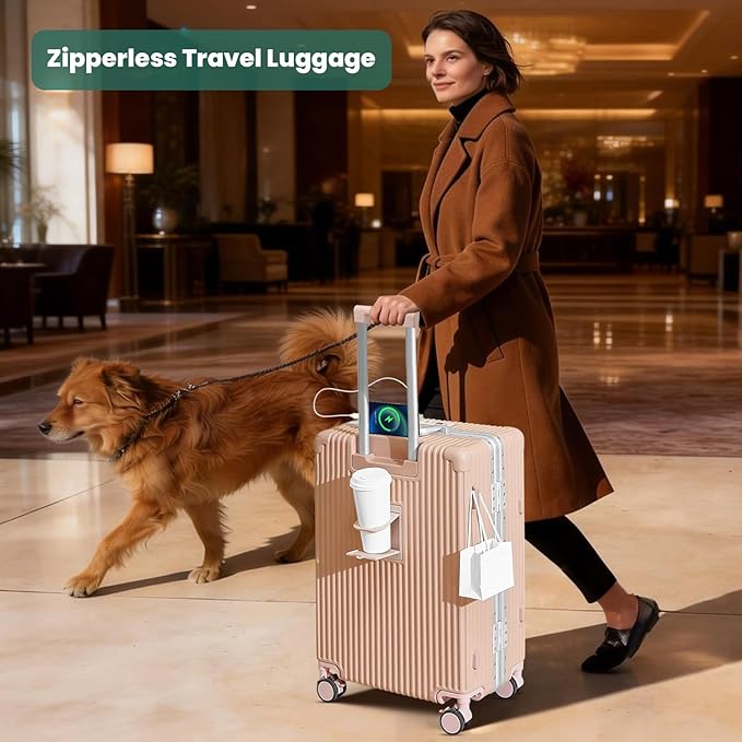 24-Inch Aluminum Frame Checked Luggage, Expandable Hard Shell Spinner Suitcase with Front-Open Pocket, USB Port, Phone Holder & Cup Holder for Men & Women Travel, Pink