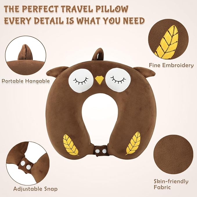 Travel Pillow, Kids Travel Pillow with Sleep Eye Mask Soft Memory Foam Kids Neck Pillow for Boys & Girls, Travel Accessories for Car Airplane Traveling - Owl