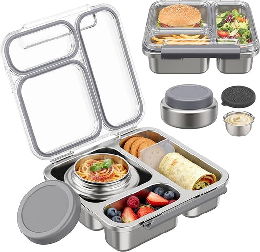 Stainless Steel Bento Box Kids Adult with 7oz Insulated Food Jar, Transparent Lid Metal Lunch Box With Soup Thermal Jar, Lunch Box Container with Removable Divider & Sauce Cup School (Grey)