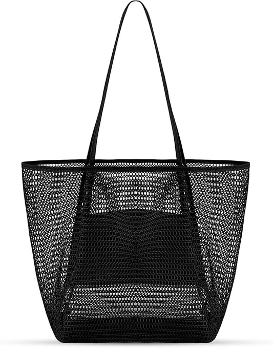 Tavaleu Mesh Beach Bag, Beach Bags for Women, Woven Straw Beach Tote Bag Waterproof with Inner Pocket, Packable Beach Bag