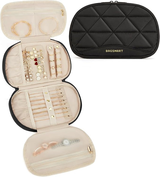 BAGSMART Travel Jewelry Case Jewelry Organizer Storage Roll Rings Necklaces Earrings Bracelets Brooches Watch Large Portable Black