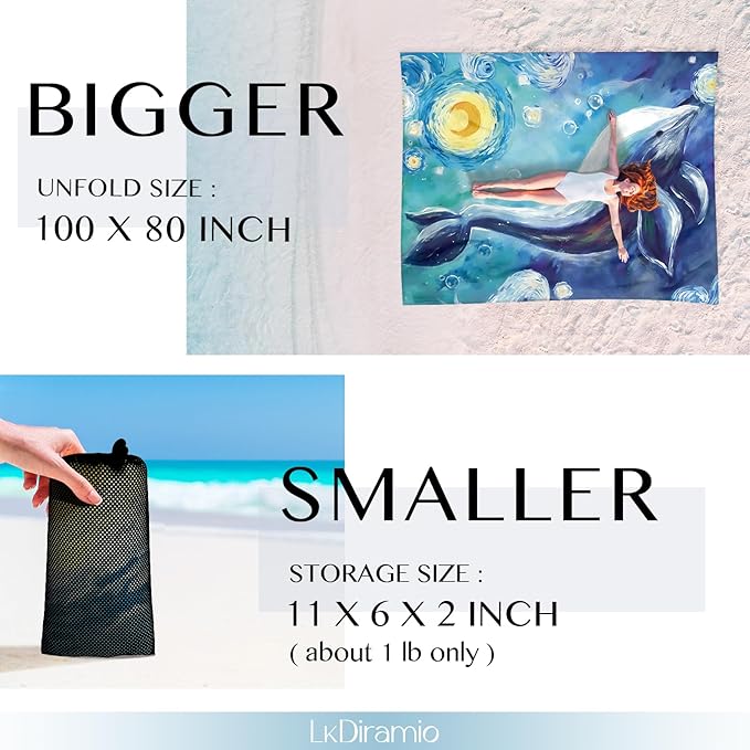 Beach Blanket Sand Proof Waterproof Oversized 100" x 80" Sand Free Mat with Corner Pockets and Mesh Bag for Outdoor, Picnic, Travel, Beach Accessories Portable, Watercolor Dolphin