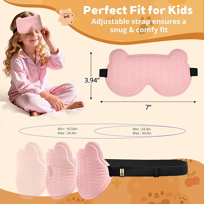 3D Kids Sleep Mask – Cute Bear Eye Mask for Sleeping, Comfortable Memory Foam Sleep Mask for Kids, Adjustable Strap and Lightweight Sleeping Mask for Boys Girls Teens Ages 5-15 (Pink)