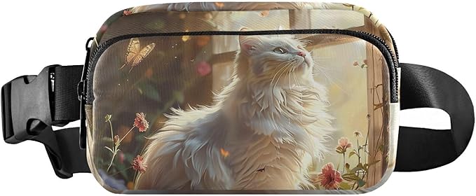 White Cat Sits by Flower Window Fanny Pack for Women Men Water Resistant Fashion Waist Packs with Adjustable Strap Belt Bag for Travel Workout Jogging Hiking 21220536