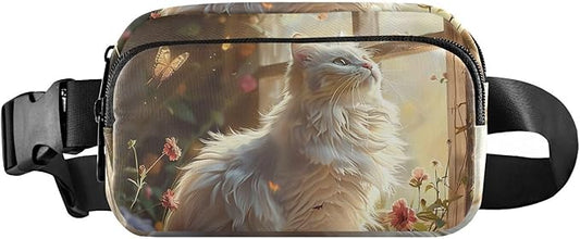 White Cat Sits by Flower Window Fanny Pack for Women Men Water Resistant Fashion Waist Packs with Adjustable Strap Belt Bag for Travel Workout Jogging Hiking 21220536