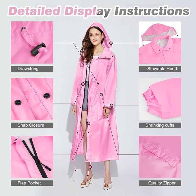 LAMA Womens Long Raincoats Rain Jacket Waterproof Packable Hooded Windbreaker Lightweight Adjustable Waist for Outdoor