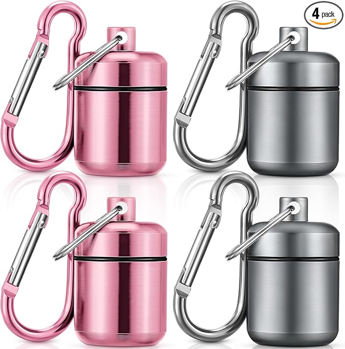 Hicarer 4 Pack Ear Plug Carrying Case, Waterproof Metal Ear Plug Holder with Keychain, Portable Small Pill Case Container for Earplugs, Jewelry, Pill Organizer for Travel or Sports(Pink, Matte Gray)