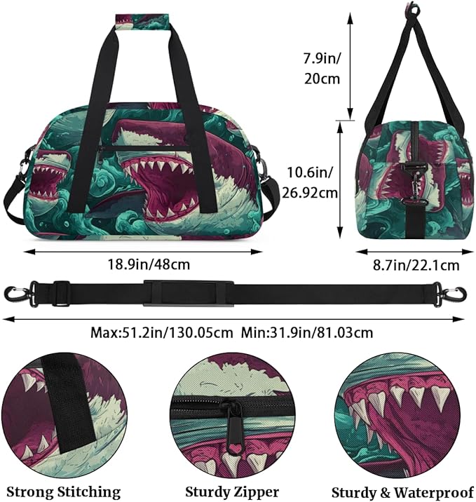 Ocean Red Sharks Gym Travel Duffle Bag for Women & Men with Front Zipper Pocket for Sports, Overnight, Weekender, Carry On,Workout & Dance Bag,Sharks,18.9 * 8.7 * 10.6 in