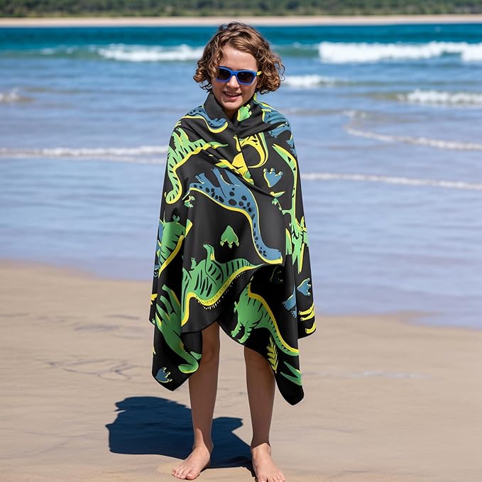 MelonBoat Large Microfiber Beach Towel: 2pcs Green Dinosaur & Bright Blue Shark Beach Towel for Travel, Absorbent Quick Dry Sand Free, Lightweight Compact for Kids Trip Vacation Bath Camping Pool Swim