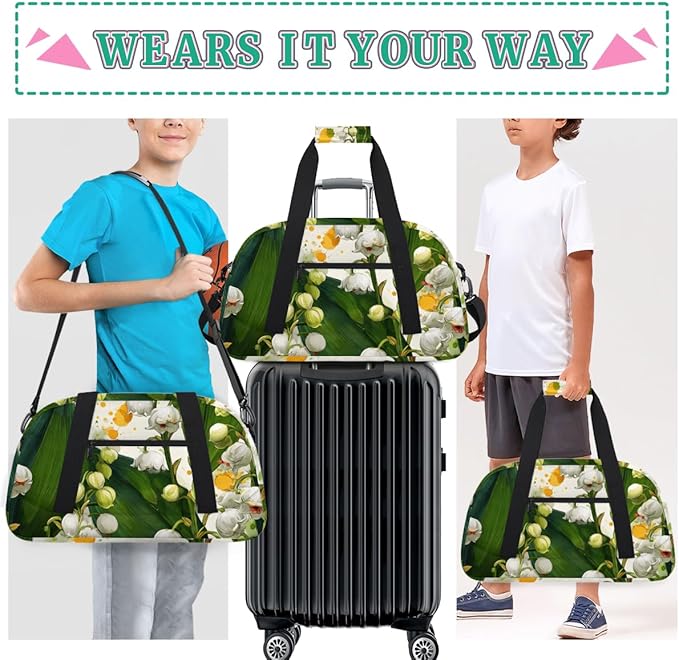 Lovely Lily of the Valley Gym Travel Duffle Bag for Women & Men with Front Zipper Pocket for Sports, Overnight, Weekender, Carry On,Workout & Dance Bag,Cute White,18.9 * 8.7 * 10.6 in