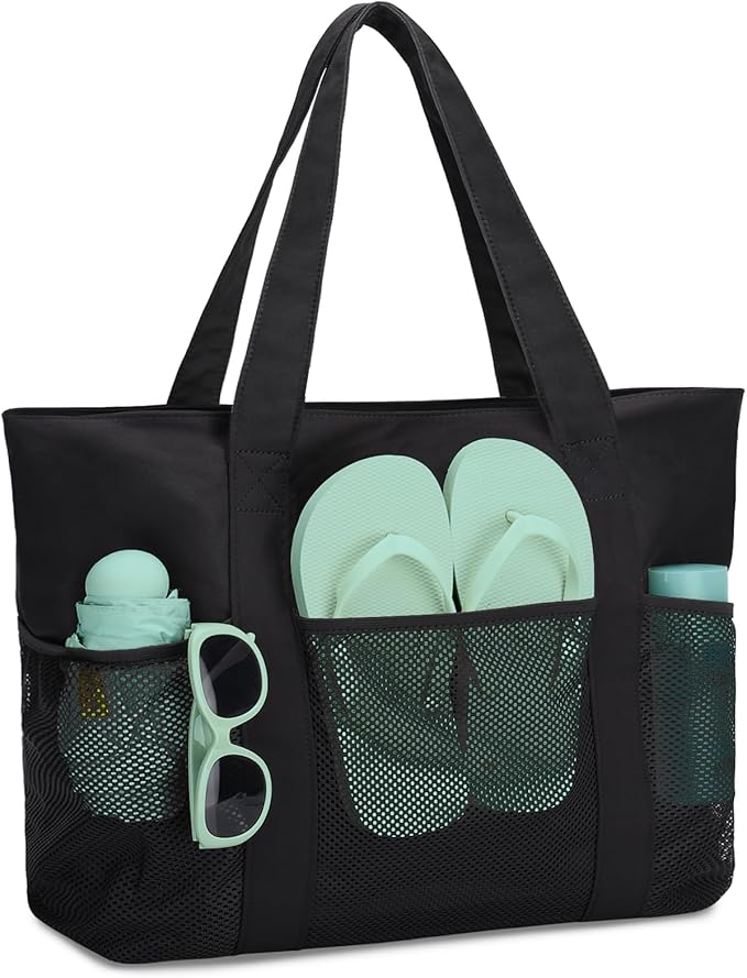 VASCHY Beach Bag for Women, Foldable Waterproof Sandproof Beach Tote with Zipper/Mesh Pockets for Vocation/Cruise/Gym/Travel