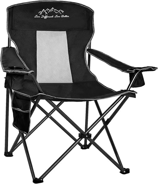 Collapsible Folding Camping Chairs Heavy Duty Lawn Foldable Chair with Cooler Bag, Storage Pocket, Waterproof Bag Outdoor Arm Sport Chair, Supports 325LBS, Black