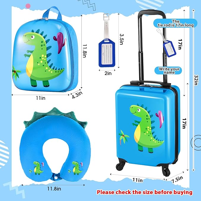 Sanwuta 4 Pcs Kids Luggage Set Rolling Suitcase Backpack U-shaped Pillow Kids Carry On Gift for Summer Travel Family Trip(17 Inch,Dinosaur Style,Blue)