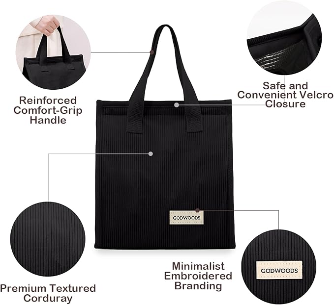 TELLUMO Corduroy Lunch Bag for Women Men Cute Lunch Bag Insulated Lunch Box with Large Capacity (7.5L) Reusable Lunchbag for Work, Picnic, Beach or Travel (S- Corduroy Black)