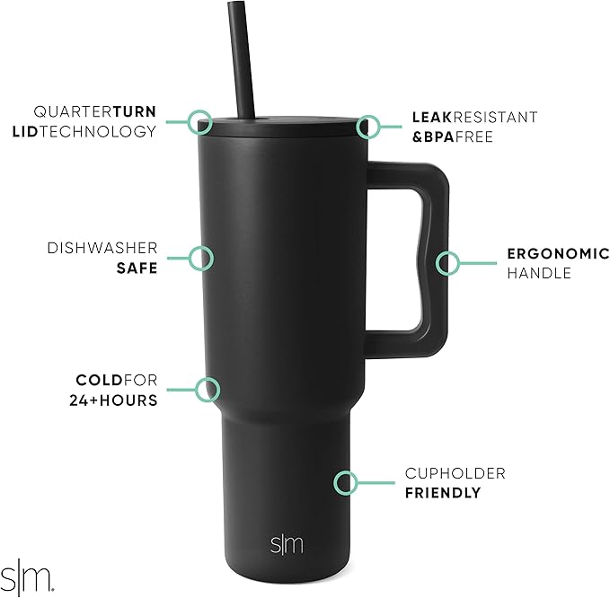 Simple Modern 40 oz Trek Tumbler with Handle and Straw Lid | Cup Holder Friendly Insulated Stainless Steel Travel Mug | Midnight Black,(Pack of 12)