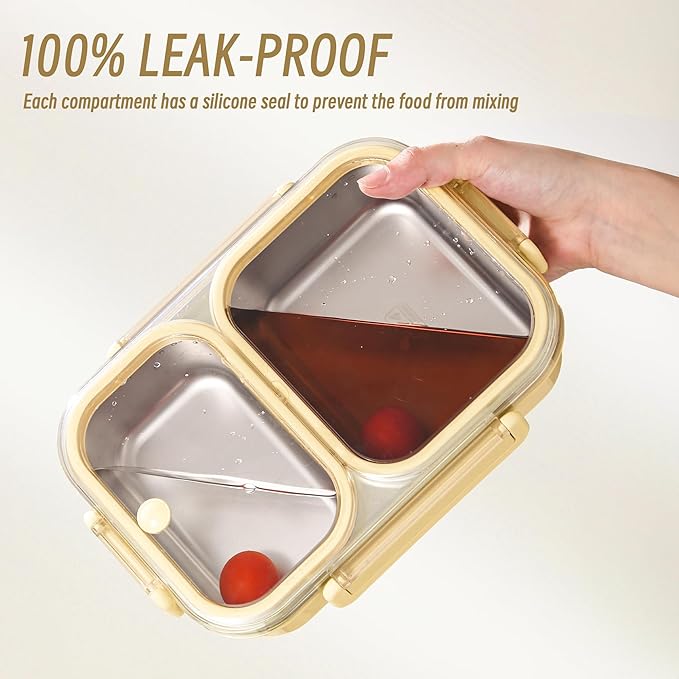 Stainless Steel Lunch Box with 2 Compartments, Leakproof, 30.5 oz Food Storage Containers, Bento Box for Adults,Men,Women(Yellow)