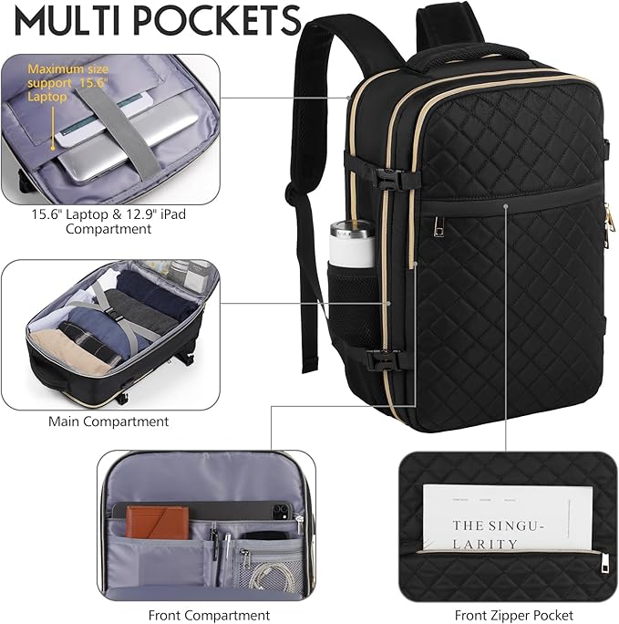 MOMUVO Travel Backpack for Women, Carry On Backpack Airline Approved, 15.6 Inch Laptop Backpack with USB Charging Port, Casual Daypack for Weekender Business College, Black