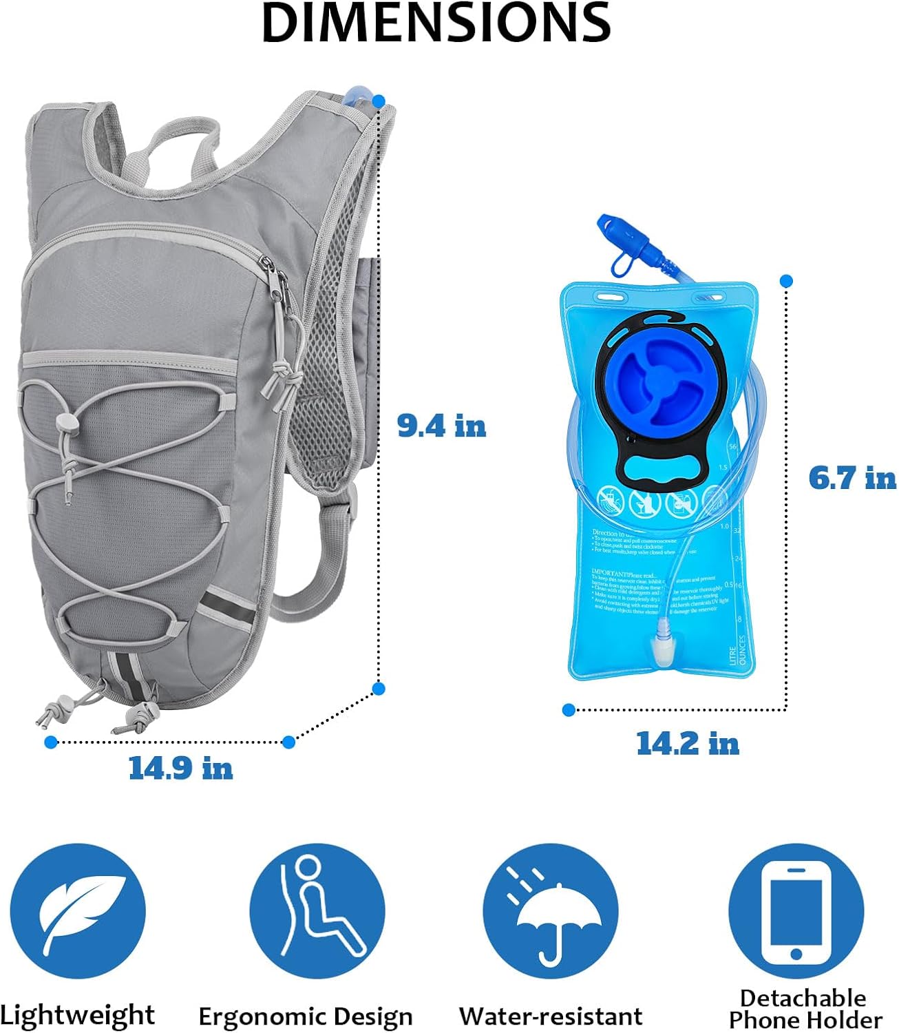 Lightweight Hydration Backpack 2L Water Bladder Pack for Running, Cycling, Hiking – Anti-Theft Water Backpack with Phone Holder, Trekking Pole Holder & Reflective Strips for Men & Women