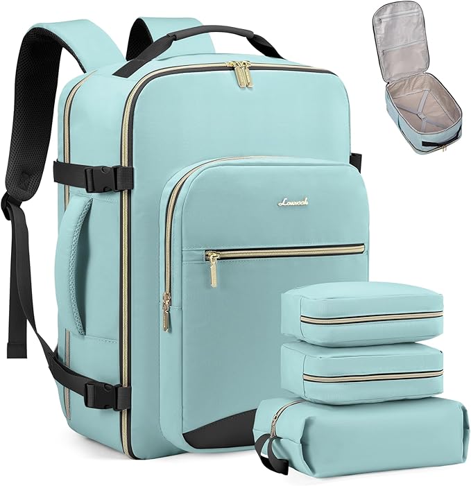 LOVEVOOK Travel Backpack for Women & Men 40L,Airline Approved Carry On Backpack Travel Essentials,TSA Carry on Luggage,Waterproof Personal Item Travel Bag,Suitcase with 3 Packing Cube,Mint green-Black