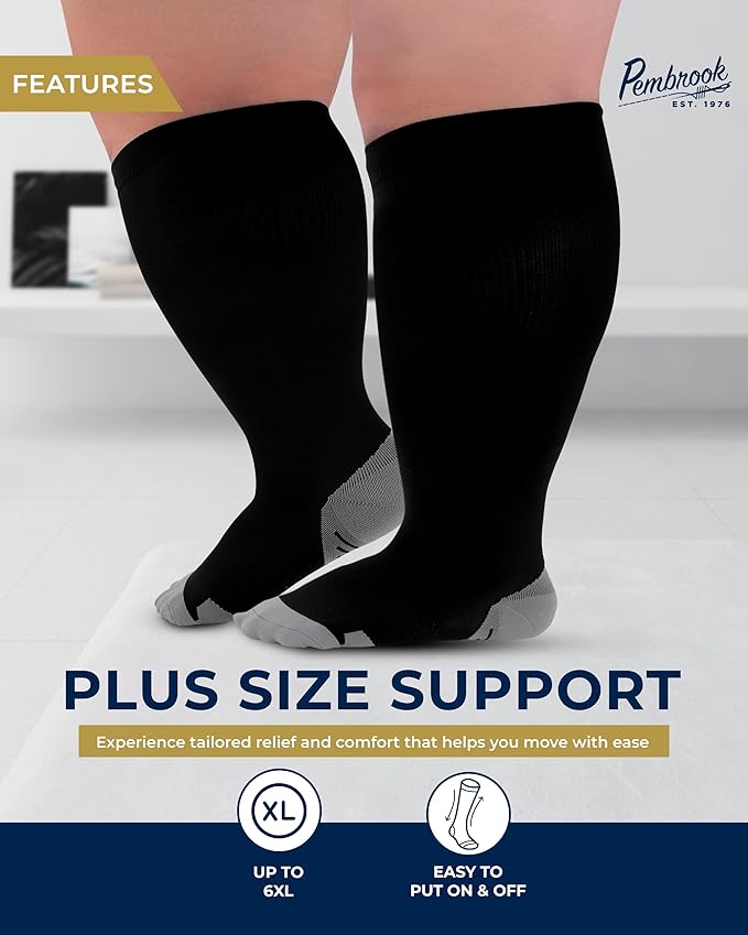 Pembrook Plus Size Compression Socks Wide Calf - Up to 6XL | Black Wide Calf Compression Socks Women | Circulation Support
