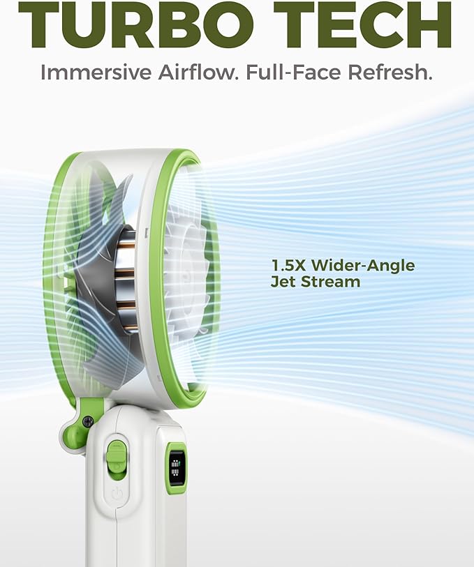 Diveblues Portable Turbo Fan, 7.4m/s High Speed Handheld Fan, 180° Foldable 4-in-1 Personal Neck Fan with Carabiner Clip, 100 Speed Stepless Control, USB-C Rechargeable for Travel, Makeup Hot Flashes