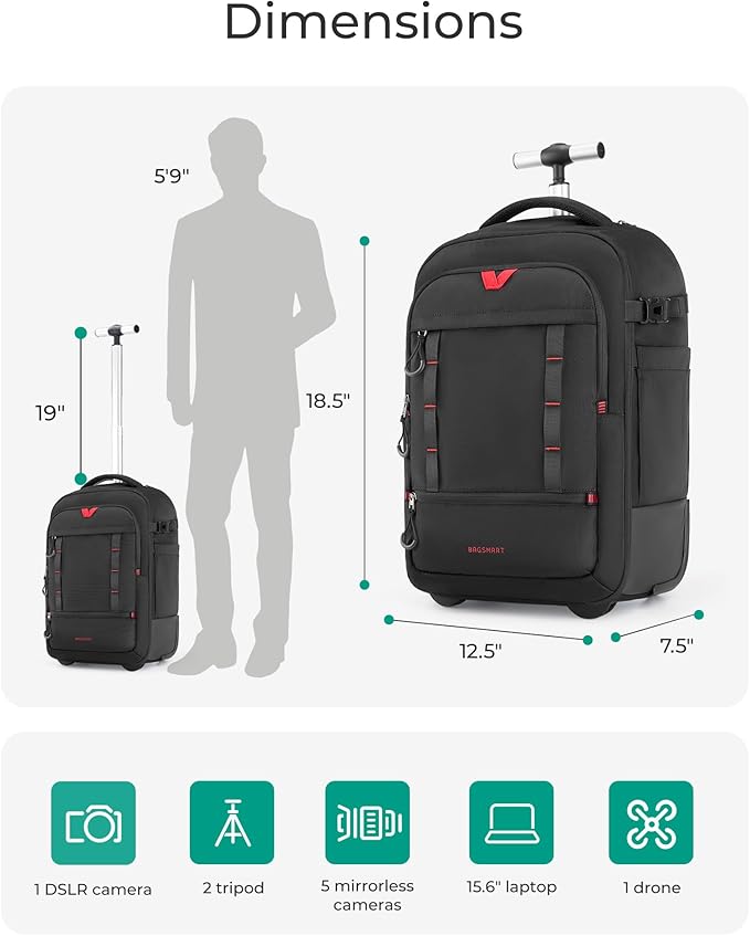 BAGSMART Rolling Camera Bag for DSLRs, Professional Large Camera Backpacks for Travelling Photographers, Photographic Rolling Case & Travel Suitcase, Grey
