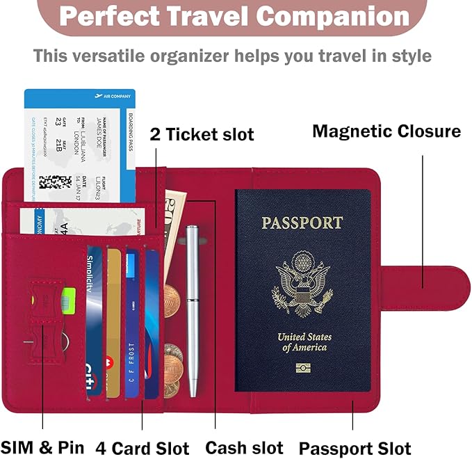 HOTCOOL Passport Holder Travel Essentials Airplane & Cruise Essentials Ship Leather Wallet Cover Case RFID Blocking Women & Men Vacation Travel Accessories Gifts Deals, Litchi - Hot Pink