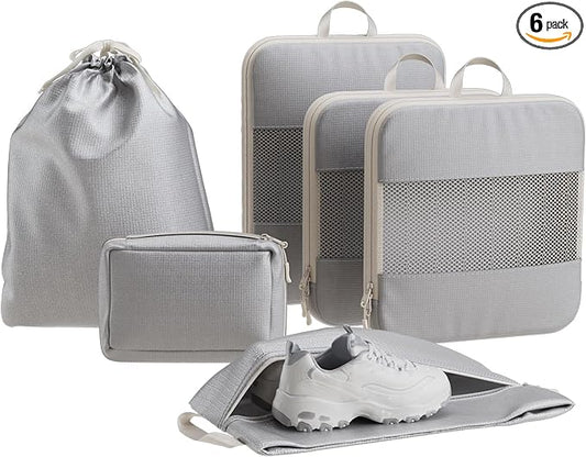 6 Set Compression Packing Cubes, Travel Packing Organizers with Breathable Mesh, Space-Saving Lightweight Portable Storage Bags Set for Travel Accessories Luggage Suitcase Backpack, Grey