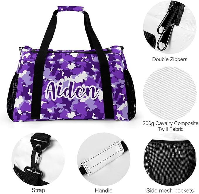 Camouflage Camo Purple White Pattern Handheld Crossbody Travel Bag Customized Duffel Bags with Adjustable Shoulder Strap for Shoes Travel Bag Personalized Gift