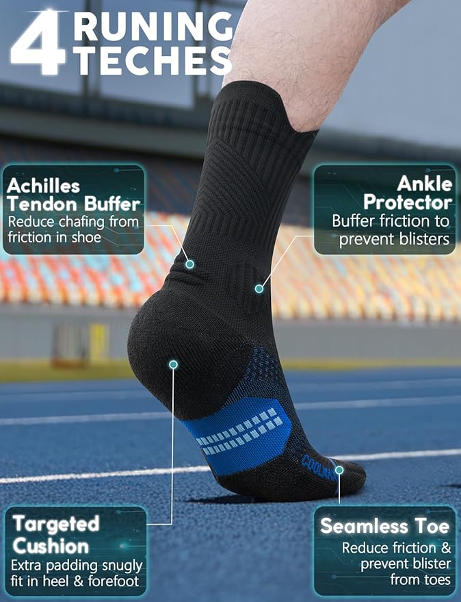 Compression Running Socks, Bamboo Viscose Coolmax Moisture-Wicking Anti-Blister Athletic Hiking Workout Gym Padded