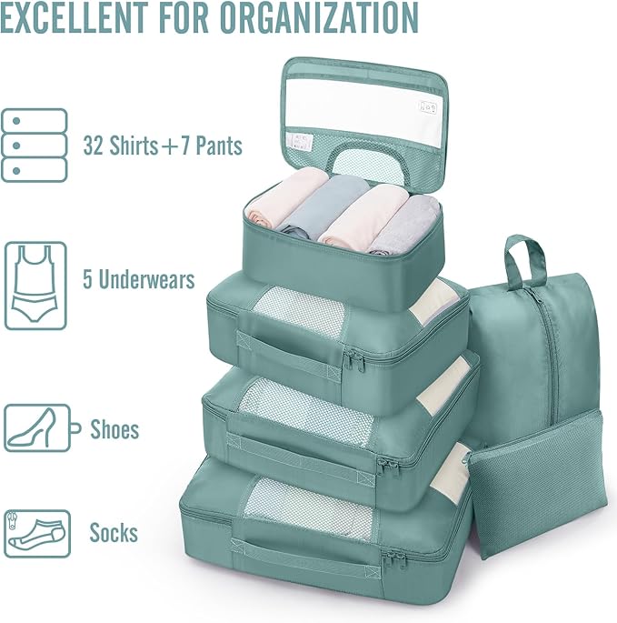 Veken 8 Set Packing Cubes for Travel Essentials, Suitcase Organizer Bags in 4 Sizes, Carry-On Luggage Accessories with Large Laundry & Hanging Toiletry Bag, Must-Have for Airplane, Road Trip & Camping