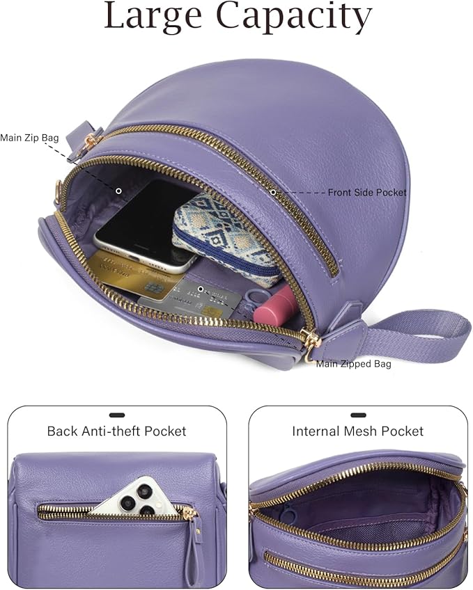 Valentoria Large Leather Crossbody Bags for Women Bum Bag Sling Bag Purse With Adjustable Strap Detachable Wallets (Cloudy Purple)