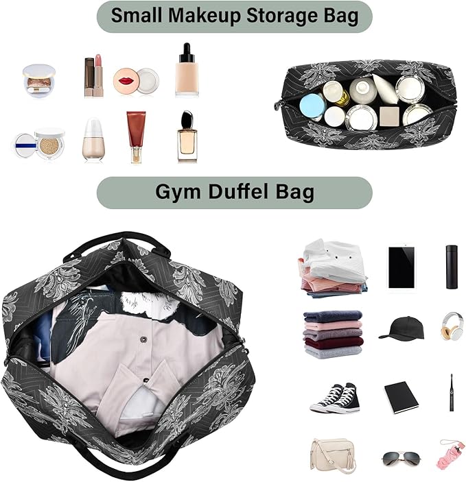 Black Damask Baroque Floral Travel Duffle Bag Gym Yoga Carry on Bags for Men Women Weekender Bag
