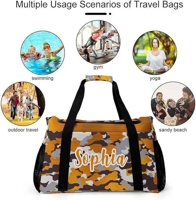 Waterproof Gym Bags Custom Orange Yellow Brown Camouflage Camo Duffel Bag with Name Adjustable Shoulder Strap Travel Bag for Teens Training Bag